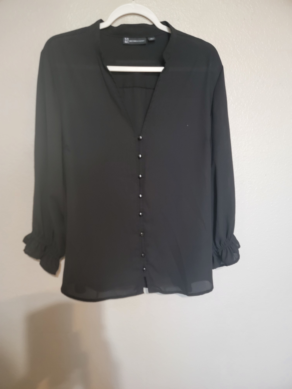 New York & Company Black Chiffon Button-Front Blouse